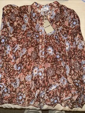 eesome Brown Floral V-Neck Long-Sleeve Blouse with Blue Accents